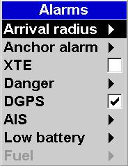 15-8 Setup > Alarms Press twice, then select Alarms: All alarms except Loss of GPS fix can be turned on (enabled) or off (disabled).