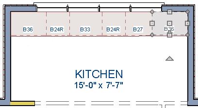 Place and position several initial base cabinets in your plan and edit their width and orientation as shown in the following image.