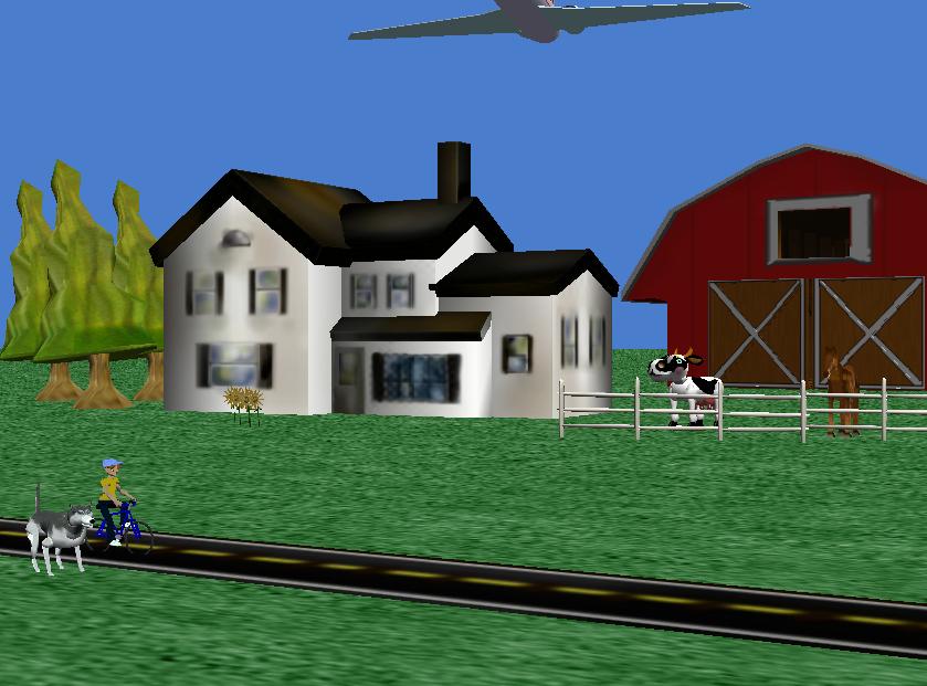 dog running along side him. In the background we see a farmhouse and barn, along with some farm animals, trees and flowers. jet zooms overhead.
