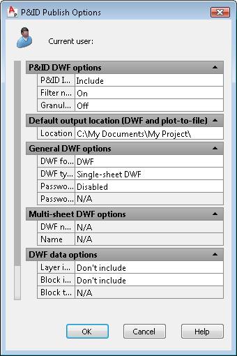 32 Chapter 3 Work in a Project Environment 5 In the P&ID Publish Options dialog box, do the following: Under P&ID DWF Options, to the right of P&ID Information, verify that Include is selected.