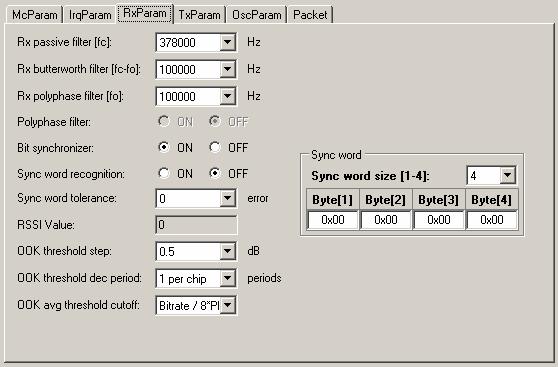 Figure 16. Receiver Parameter Display For a complete description of the functionality of the receiver section please consult the SX121 datasheet.