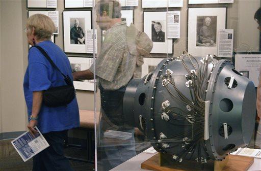 " This July 13, 2015 photo shows replicas of atomic bombs "Little Boy," left, and "Fatman," both dropped on Japan during World War II, sit at the Bradbury Science Mu