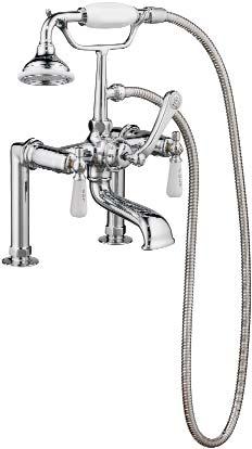 Tub Wall-Mounted Faucet with Hand Shower 4025 Available in polished chrome, polished brass, polished nickel, brushed nickel and oil rubbed bronze with porcelain levers.