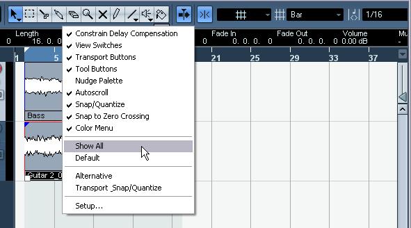 Splitting with Snap on Having Snap on allows you to split or cut to a time reference. For example, if you want to cut the Elec Guitar track to bars or beats. 1. Choose the Split tool. 2.