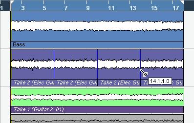 You can now split the Elec Guitar_01 event precisely to the bar. Cut on bars 6, 10 and 14. 3.