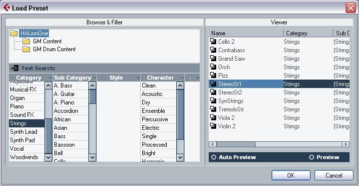 You have filtered the list to only show strings. Choose a string sound from the list on the right, e.g. StereoST1. Then click OK. MIDI recording Now that we have our sound, let s record something.