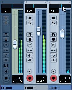 Keep the Drums track in the middle but let s move Loop 1 a bit to the left and Loop 2 a bit to the right. This will give our rhythm section a larger more spacious sound.