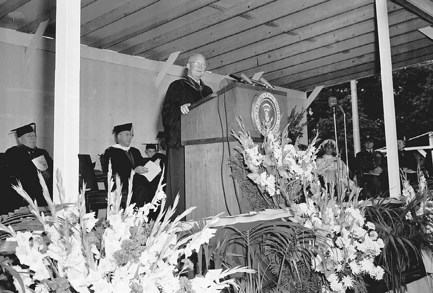 President Dwight D. Eisenhower, delivering the 1955 commencement address at Penn State University, promoted the use of atomic power for peaceful purposes.