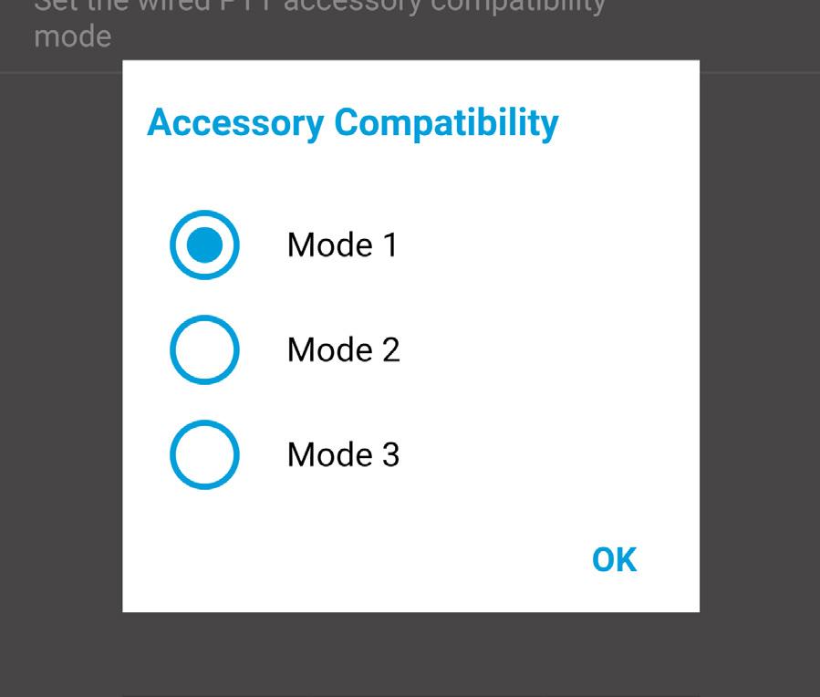 Note: This setting should only be changed if the PTT button on a wired PTT accessory does not take and release the floor properly. To change the Accessory Compatibility: 1.