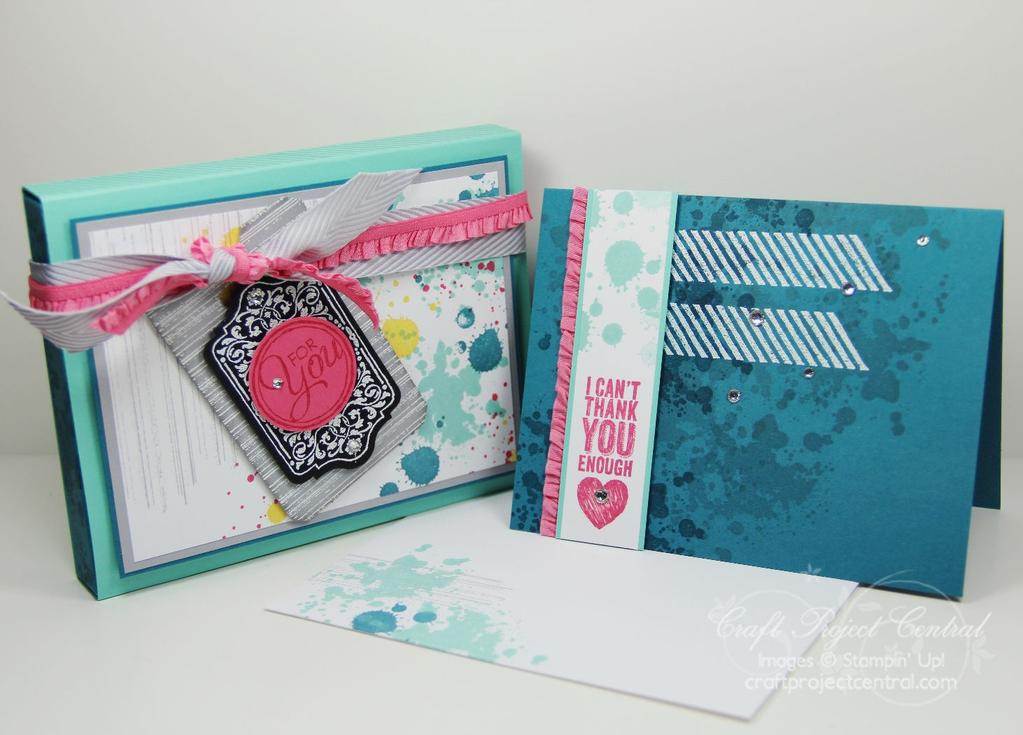 This fun grungy box includes five different card designs and five envelopes all using the Gorgeous Grunge and