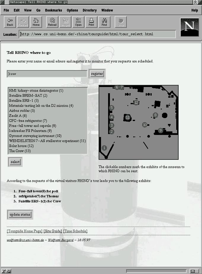 The center of this page shows a map of the robot s environment from a bird s eye perspective, along with the actual location of the robot and the exhibits.
