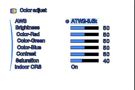 (2) Color Adjust Color adjust settings 1. White Balance Tracking Mode 2-8.5k Tracking Mode 2-10k 2. Brightness 0~99 3.