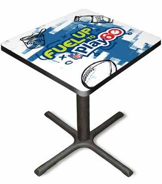 Fuel Up to Play Graphic Tables Custom graphic laminate table top with 3 mm edge, cast iron base with 3