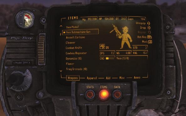 SKILLS Information on your skills. PERKS Special abilities you can choose every other level. GENERAL Lists your Reputation with the various factions in the Mojave Wasteland.