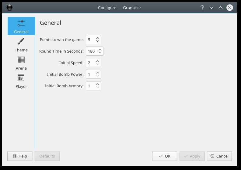 Chapter 4 Game Configuration To open the Configuration Dialogue, select Settings Configure Granatier... 4.1 General You can change the points which are needed to win the game and the time for a round.