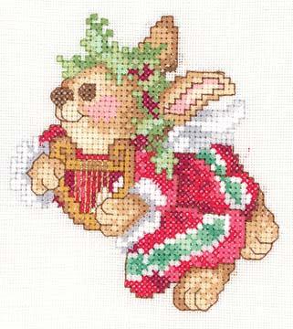 Christmas Bunny with Harp design by Donna Giampa #4008 14 ct 102 x 100mm (4.00 x 3.93 ) #4009 16 ct 89 x 87mm (3.50 x 3.44 ) #4010 18 ct 79 x 78mm (3.11 x 3.