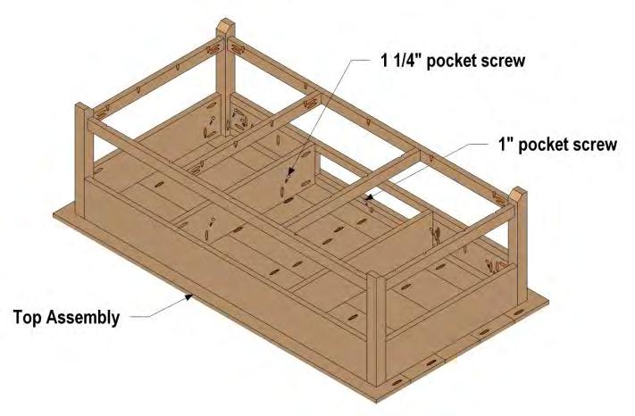 Cut four Shelf Slats to width and length, and then drill pocket holes as shown to create a Front Edge Slat, a Back Edge Slat, and two Center