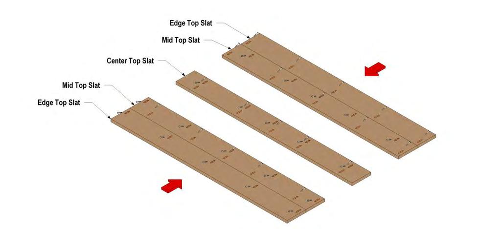 Lay out and drill the pocket holes as shown to create two Edge Top Slats, two Mid Top Slats, and one Center Top Slat. 13. Connect the slats together to complete the top.