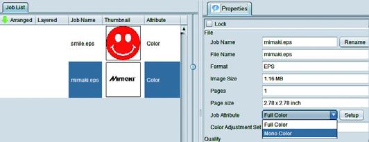 Setting mono color replacement In the job list, select the clear ink job. Click the Properties icon.