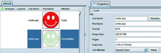3. Select the job created in step 2 from the job list. Click the Properties icon. Click the [Setup] button in the [Job Attribute] field. 4. Select the [UV Mode] tab.