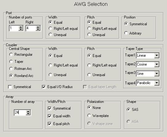 Figure 2 The pre-defined model wizard of the AWG device The device wizard provides many possible combinations for the following parameters: ports (for example, port width, port position, port pitch,