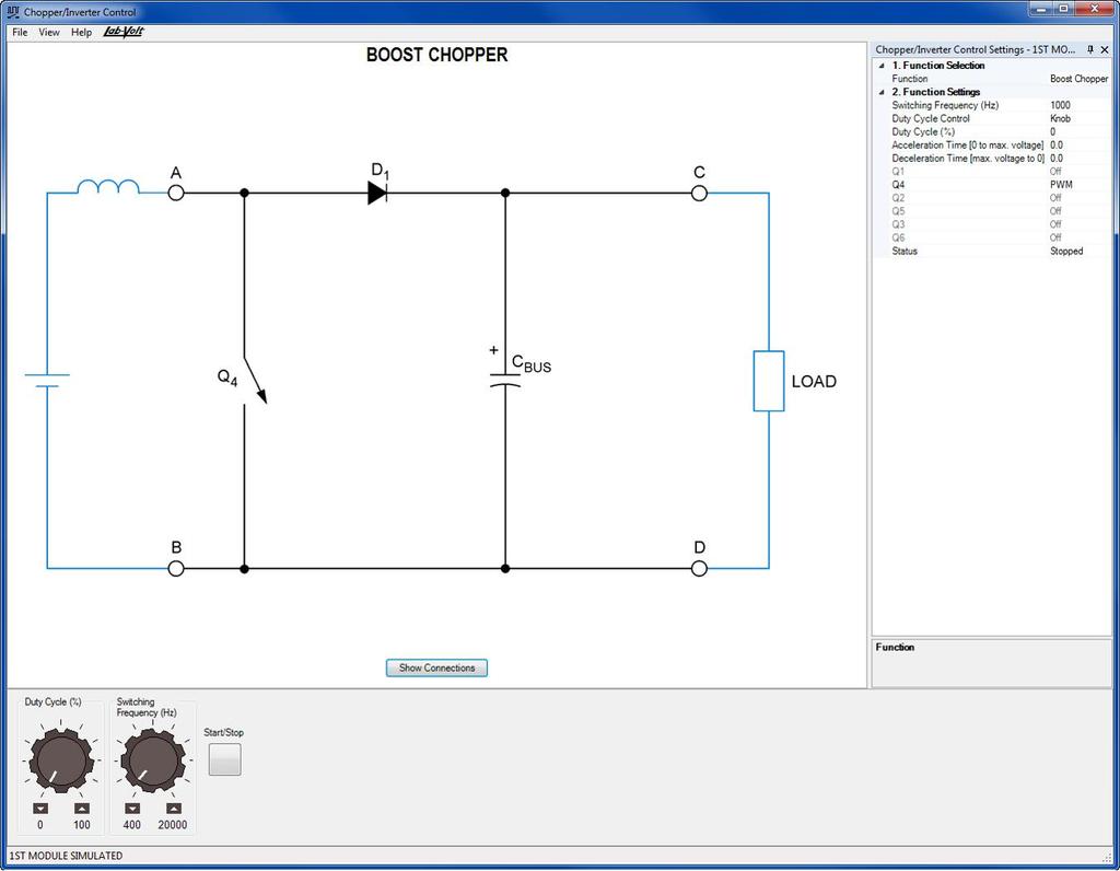 The control function sets currently available in LVDAC-EMS are described in the following pages. Example of a connection diagram accessed from a control function window.