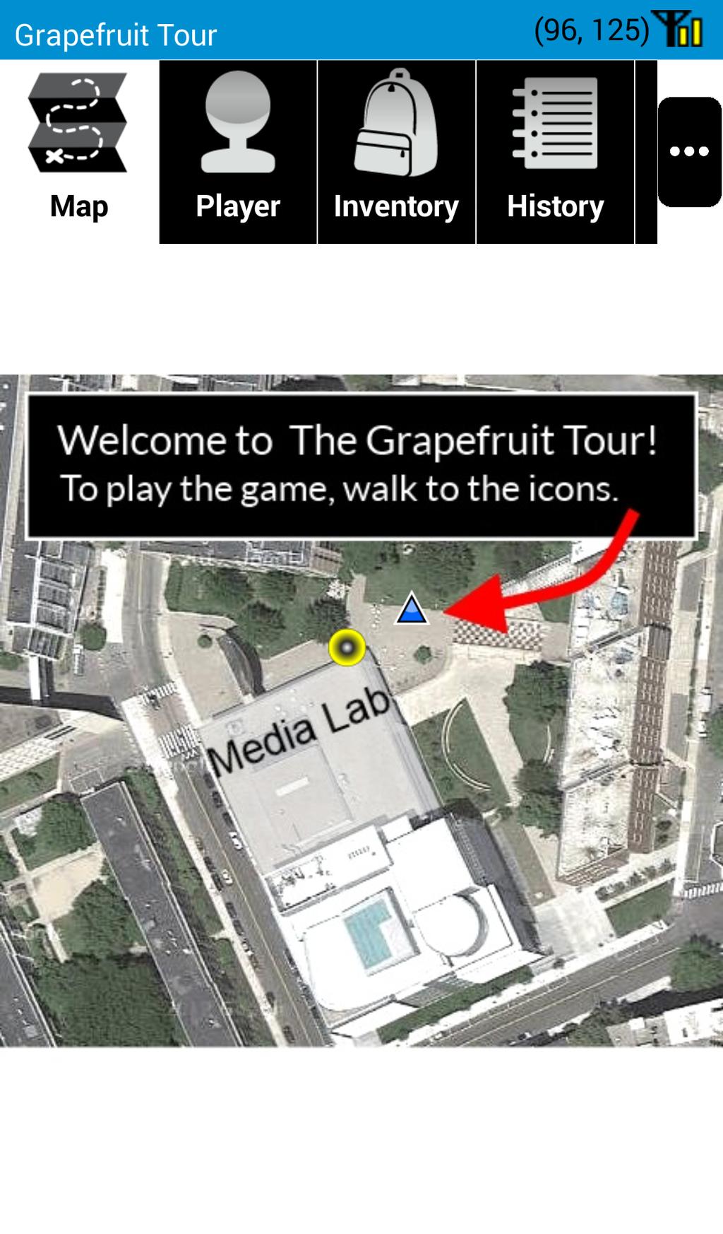 Figure 2-1: Outdoor game example In an outdoor game region, as the player walks around the real location, their position is tracked by GPS and displayed as a moving dot on the game map.