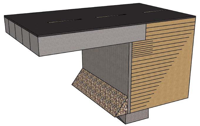 Section view of GRS IBS Beam Seat (Supported Directly on Bearing Bed) Jointless (Continuous Pavement) Integrated Approach (Geotextile Wrapped Layers at Beams to Form Smooth Transition) Facing