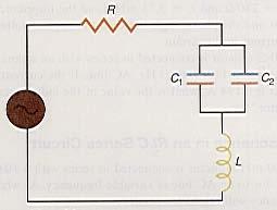 Diagram for problem 49. Diagram for problem 50. *50. In the circuit shown R1 = 978 Ω, R2 = 560 Ω, L1 = 6.78 mh, L2 = 3.25 mh, C = 5.