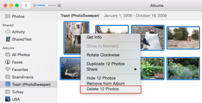 Moving marked photos to Trash To remove all marked photos press Trash Marked on the toolbar and confirm removal. A progress window appears and after finishing photos go to trash.