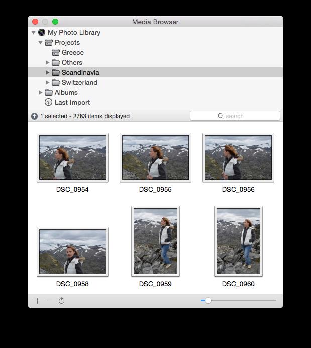 To add photos from Photos, iphoto, Aperture, Lightroom or Capture One click Media Browser on the toolbar. The Media Browser window appears with previously added libraries, their albums and photos.