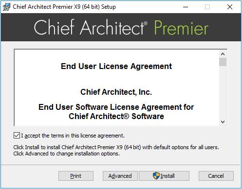 Chief Architect X9 User s Guide License Agreement 3. Read the License Agreement carefully. You must check the box beside I accept the terms and conditions of this license agreement before installing.