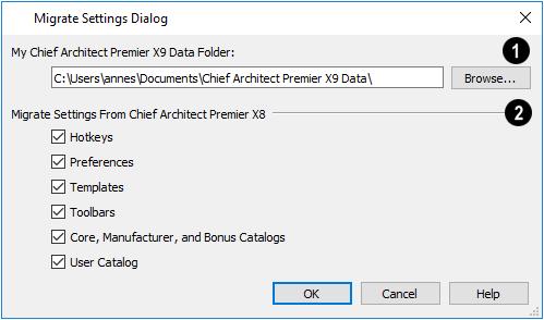 Program Updates Migrate Settings Dialog The full pathname of the My Chief Architect X9 Data Folder is listed here. The default 1 location for the Data folder is in your Documents directory.