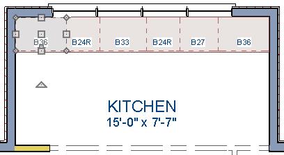 Select the 36" wide base cabinet on the left. 2. Click the Open Object edit button to open the Base Cabinet Specification dialog. On the General panel: Specify a Width greater than the Depth.