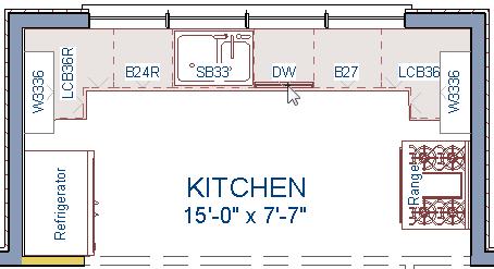 On the left side of the kitchen, click in the empty space below the base corner cabinet to place the refrigerator. 4.