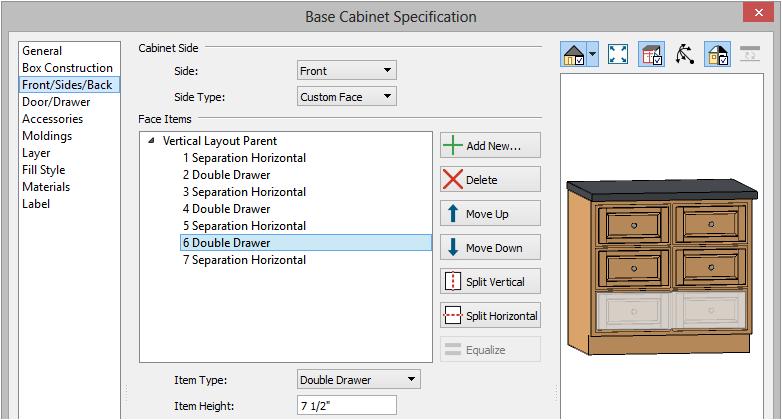 Chief Architect X8 User s Guide For more information on customizing the cabinet face, such as using the Split Vertical and Split Horizontal settings, see Front/Sides/Back Panel on page 701 of the