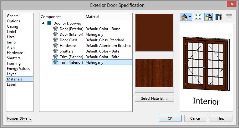 Chief Architect X8 User s Guide 3. Select one of the door s components from the list on the left. Click on the name of a material component in the tree list to select it.