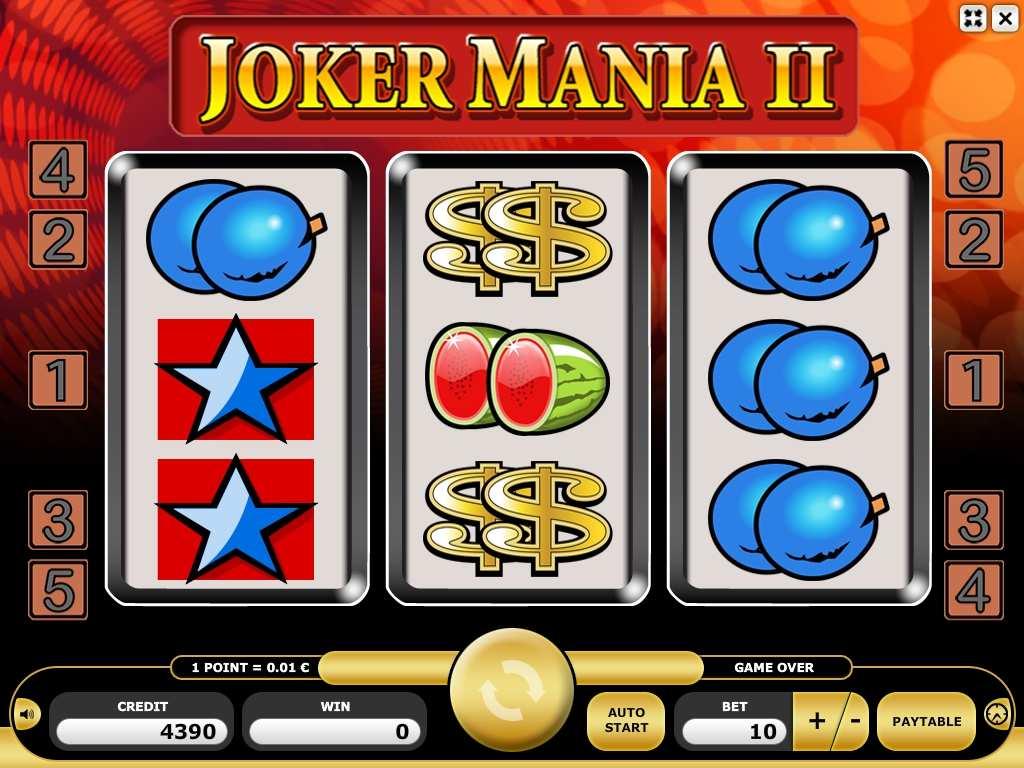 Joker Mania II Description and Rules Joker Mania II is a game with three reels. A game result consists of 3x3 symbols, each reel showing a section of three symbols.