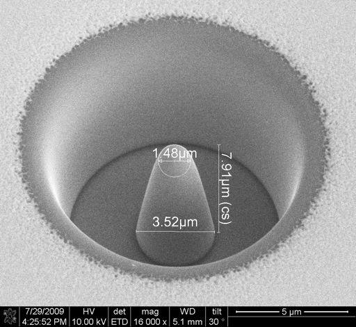 Figure 16: SEM image of a cone shaped micro emitter (left). Image of 8 by 8- square array of micro machined emitters. P.
