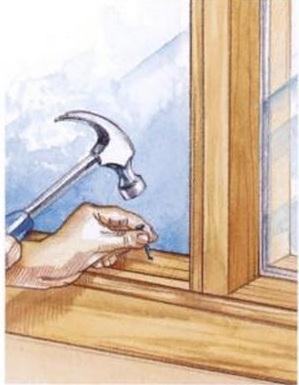 Attach the outer window stops, with the beveled stop at the bottom. Nail the center stops to the mullion. 1. Cut the head jamb for the door frame at 37 5/8" and the two side jambs at 80 7/8".