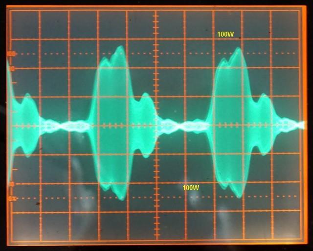 Test B3b: ALC compression test using 2-tone test signal: The oscilloscope terminated in 50 is connected to the DUT RF output via a suitable power attenuator.