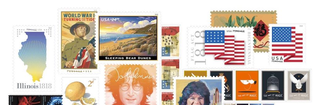 FOR IMMEDIATE RELEASE Dec. 12, 2017 Contact: Mark Saunders 202.320.0782 mark.r.saunders@usps.gov usps.com/news U.S. Postal Service Provides a Sneak Peek at Select 2018 Stamps WASHINGTON With a new year just around the corner, the U.