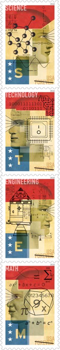 STEM Education These Forever stamps celebrate the role of science, technology, engineering and mathematics (STEM) education in keeping our nation a global leader in innovation.