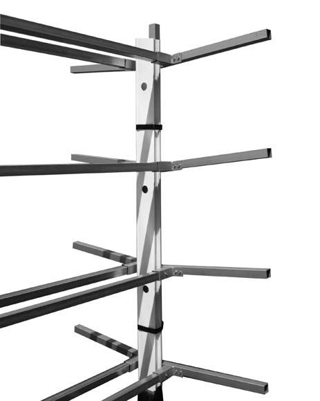 Secure the vertical return channel to the frame using one (1) 111067 1" strap with D-rings. Position strap between the first and second shelf from the top.