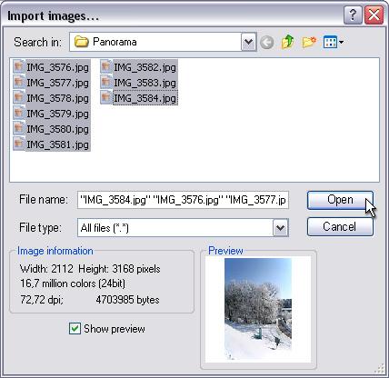 Step 1: Select pictures: Back home, copy all pictures belonging to one panorama to a folder on your desktop. Start the software PanoramaStudio and click on Import.