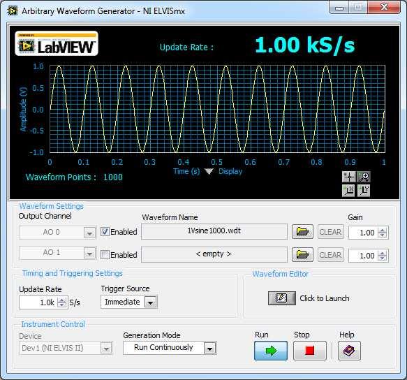 Figure 9.3. ARB created 1 V Sine Waveform 5. Connect the oscilloscope CH 0 BNC input to the AO 0 pin socket. Click the Run button and observe a 1 khz sine wave signal on the oscilloscope window.