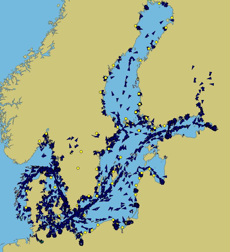 728 Joonis 8.61 Laevareisid Läänemerel (1) Praeguste laevandus- ja navigatsioonitingimuste mõistmiseks hangiti teavet mitmest allikast.