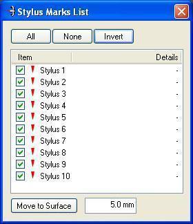 10 FastSCAN Stylus the object without the (selected) points. Figure 9: The Stylus Marks List dialog box.
