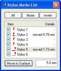 FastSCAN Stylus 11 Figure 10: The Stylus Marks List dialog box with moved and unmoved points and lines.