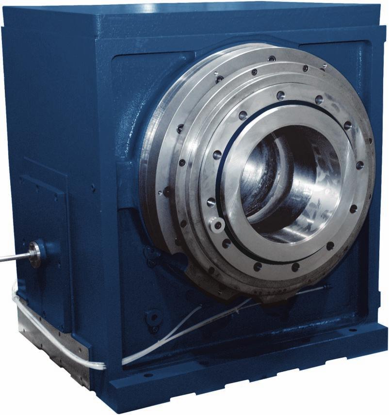 Cast iron robust housing, internally ribbed to absorb high forces of heavy machining operations.